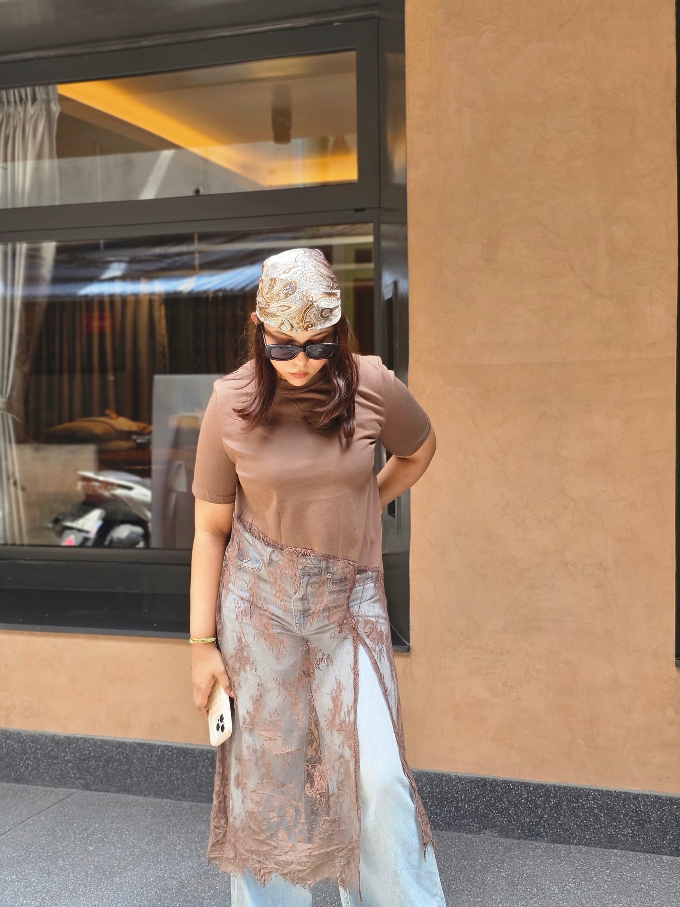 Printed maxi skirt with lace hem, worn with a tan tee