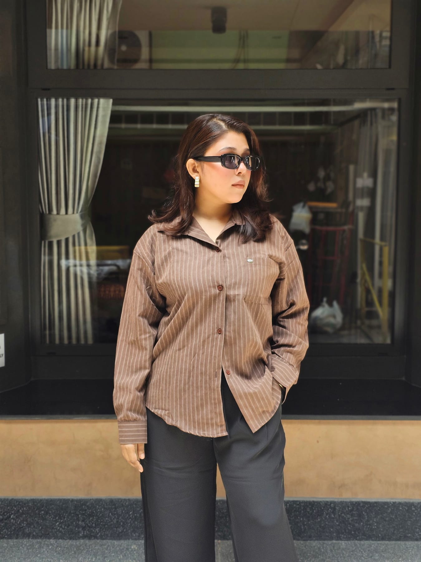 Brown pinstripe shirt, full length
