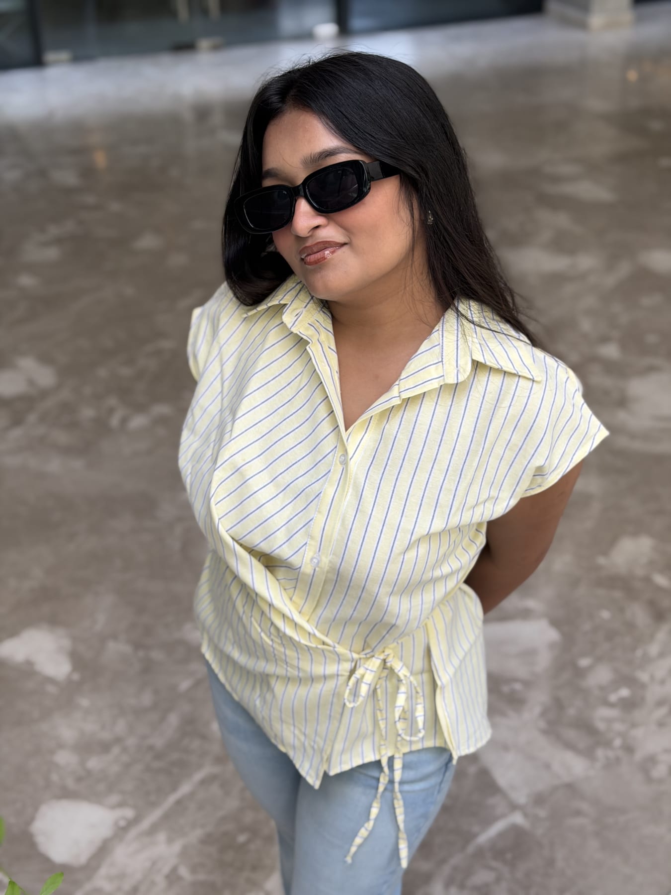 Butter yellow striped wrap top